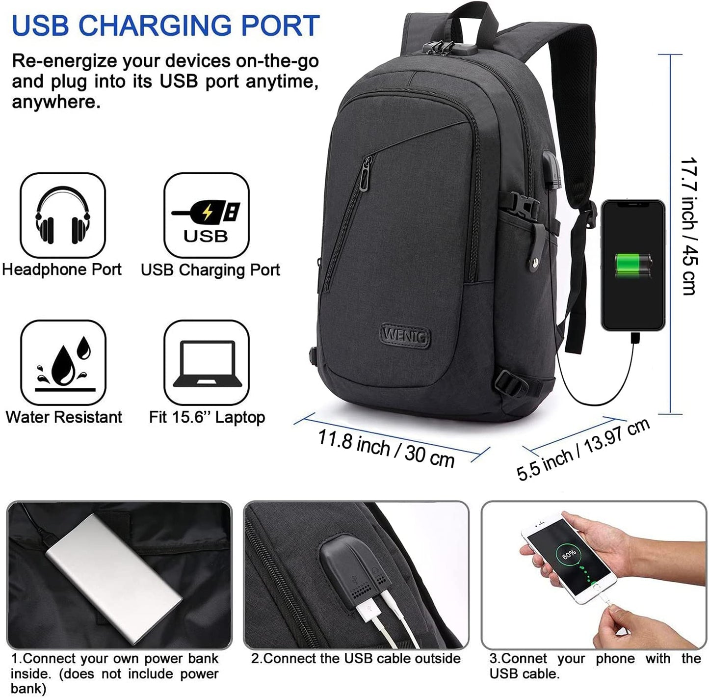 Anti-Theft Travel Laptop Backpack with USB Charging Port Lock,Water Resistant Slim Work Computer Bag for Men College Bookbags Fits 15.6 Inch Laptop